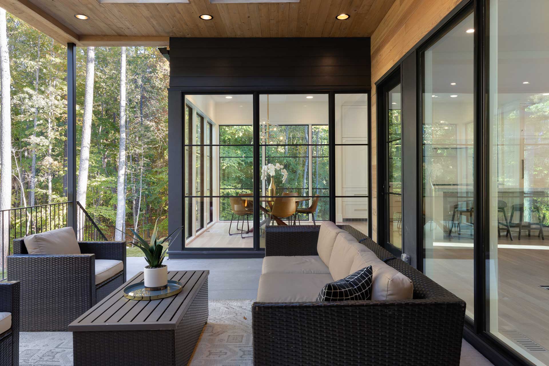 Ultra contemporary porch in Chapel Hill with large square windows framed in black and a warm wood ceiling. Comfortable contemporary rattan furniture adorns the concreate floored porch, opening out to a wooded view.